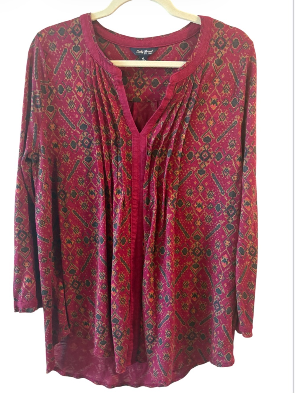 Lucky Brand XL Boho Red Aztec Print Peasant Tunic Blouse